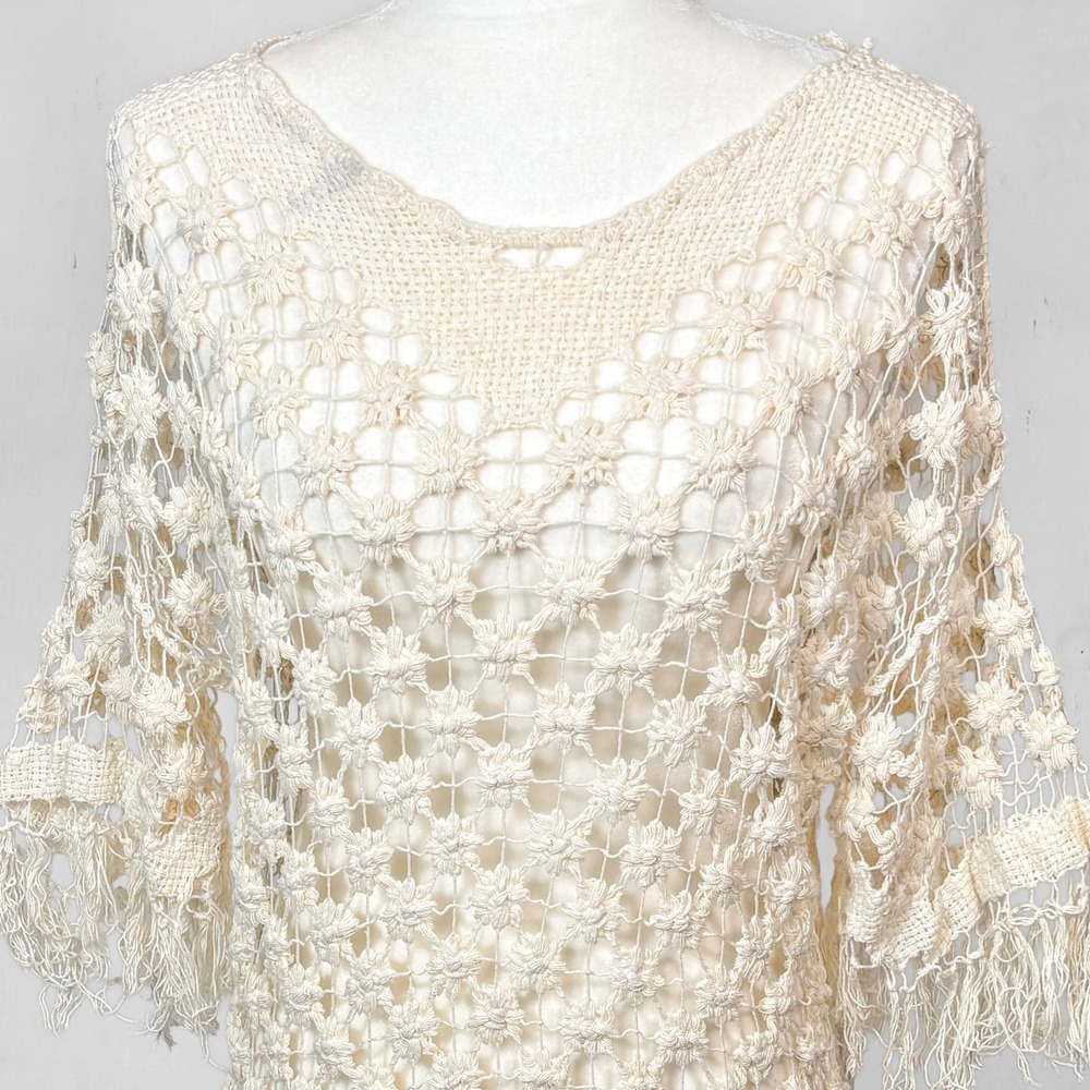 Floral Crochet Tunic Top with Fringe Open Knit Cover Up Sheer Boho Festival